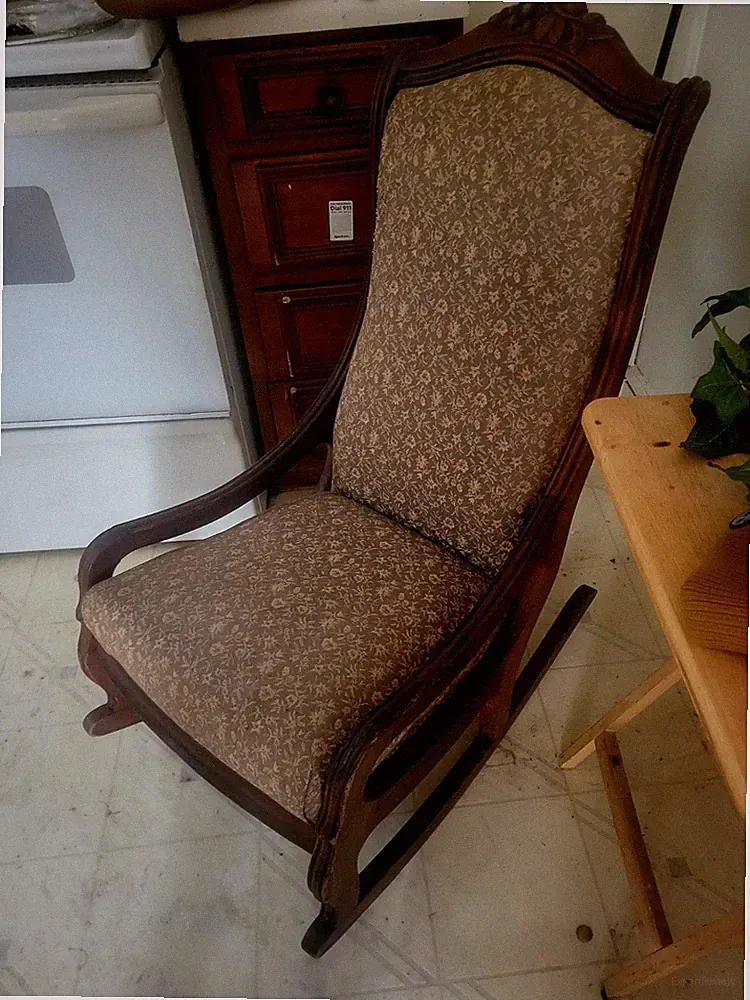 1870-1915 Victorian Antique Solid Oak Rocking Chair Floral Pattern High Back.