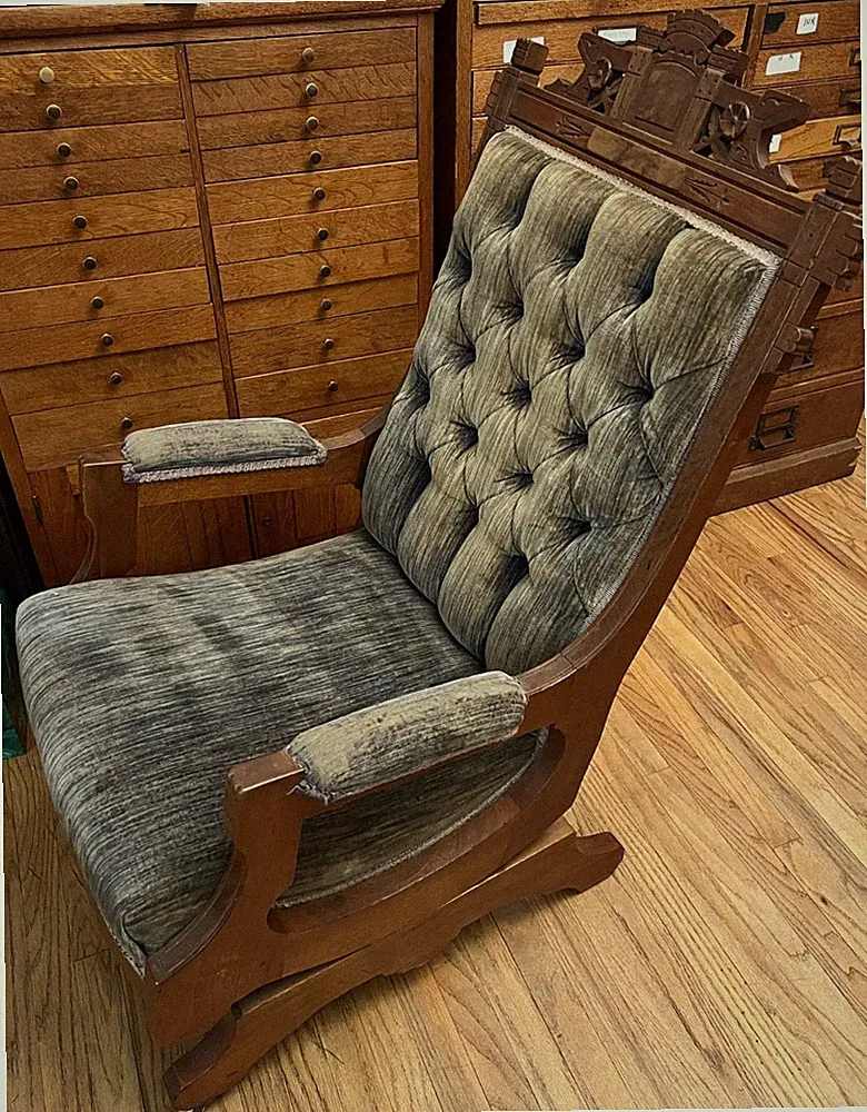 Antique Eastlake Victorian Carved Wood Rocking Chair Tufted Velvet Upholstery