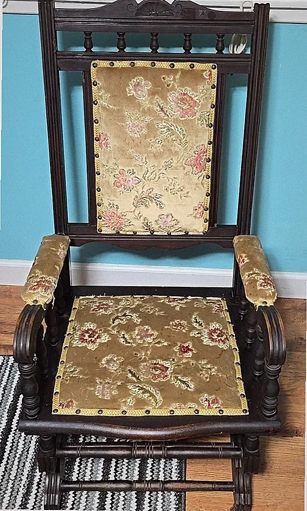 Antique Embroidered Seat And Back Carved Wood Rocking Chair With Front Casters