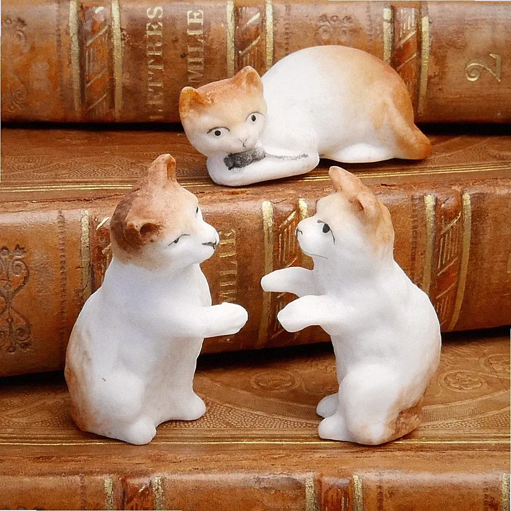Antique German Bisque Cat Figurine, Hertwig Miniature Dollhouse Décor, Doll Pet