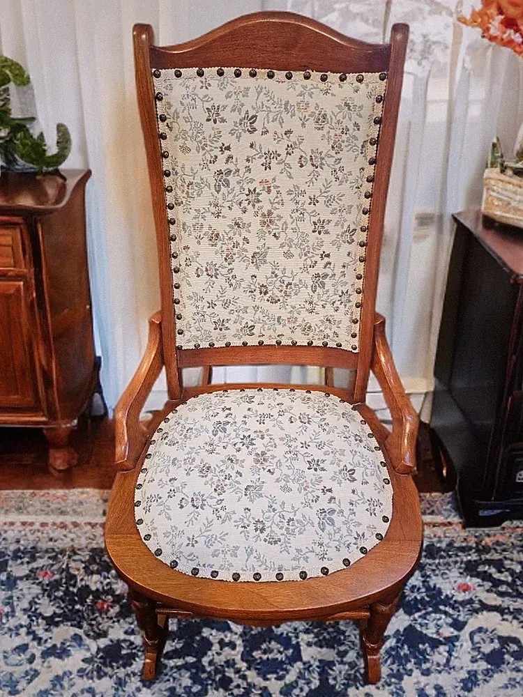 Antique Paisley Upholstered Rocking Chair Wooden Frame Victorian Era