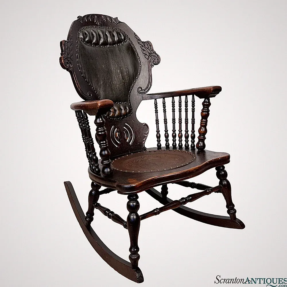 Antique Victorian Carved Oak & Leather Tufted Rocking Chair