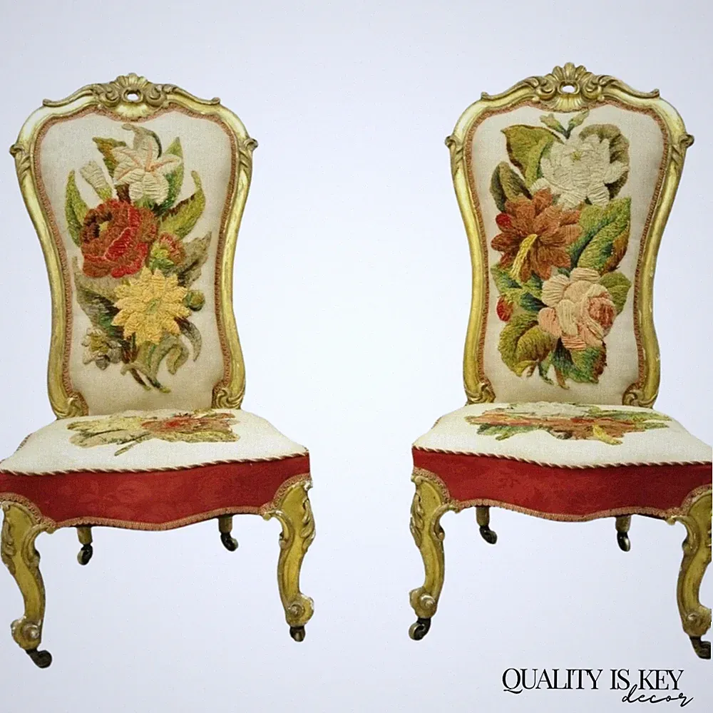 Antique Victorian Gold Giltwood Rococo Parlor Slipper Lounge Chairs - a Pair