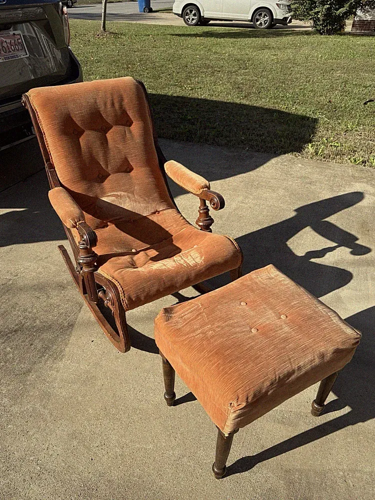 Antique Victorian rocking chair with ottoman tufted orange corduroy/velvet