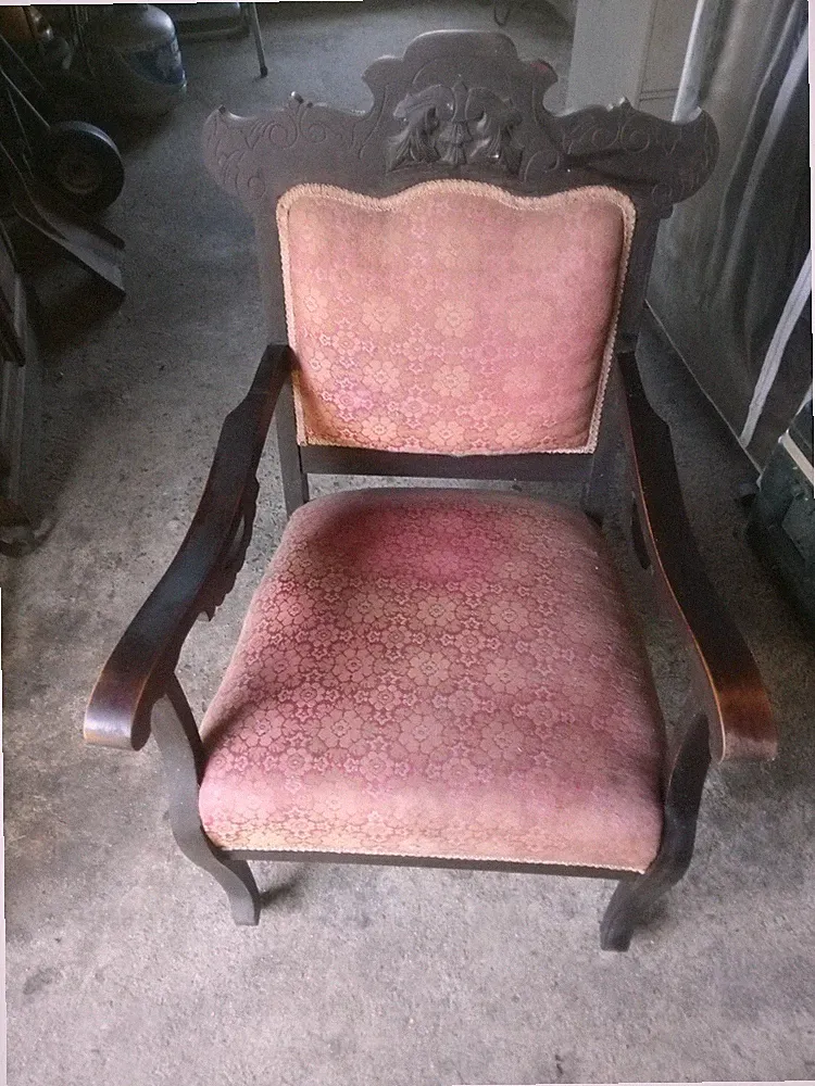 Antique Vintage Victorian Style Fabric Carved Wooden Lounge Chair Brown Red Sill