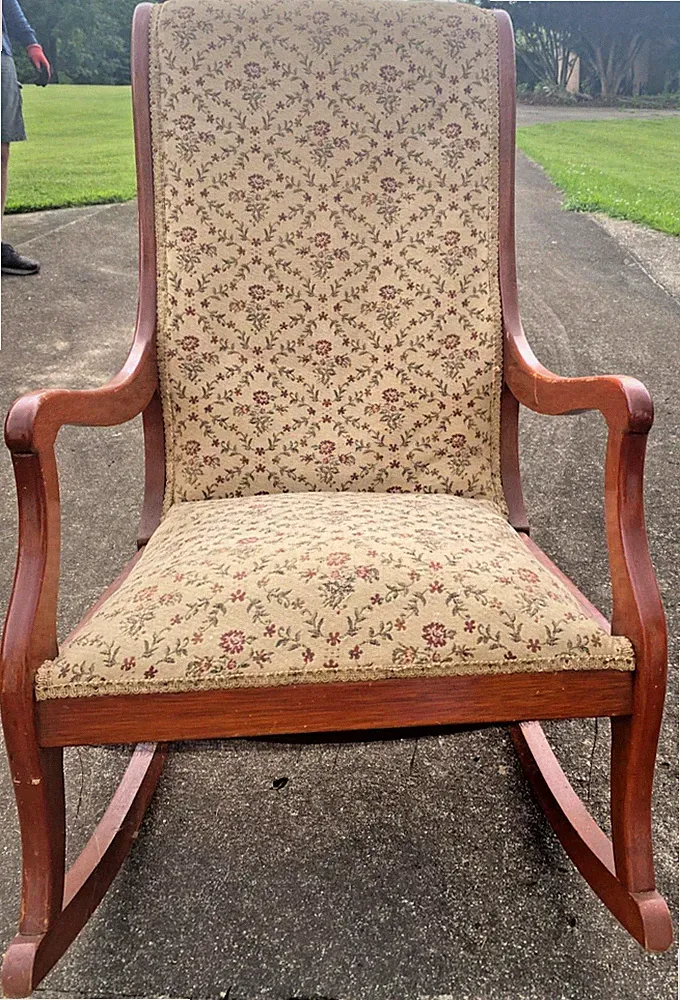 Edwardian Antique Platform Rocking Chair-- Wood with Fabric Upholstery