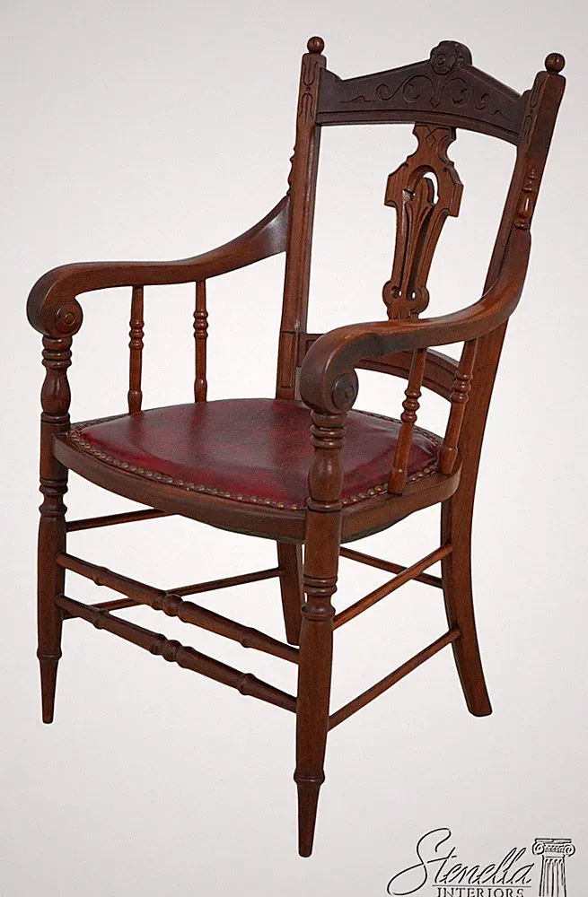F61414: American Victorian Walnut Arm Chair w. Leather Seat