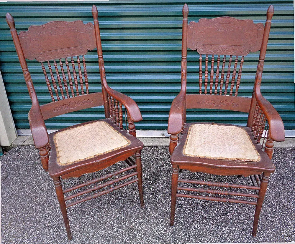 GIANT MATCHING PAIR OF VICTORIAN PRESSBACK OAK ARMCHAIRS, ORIGINAL FINISH