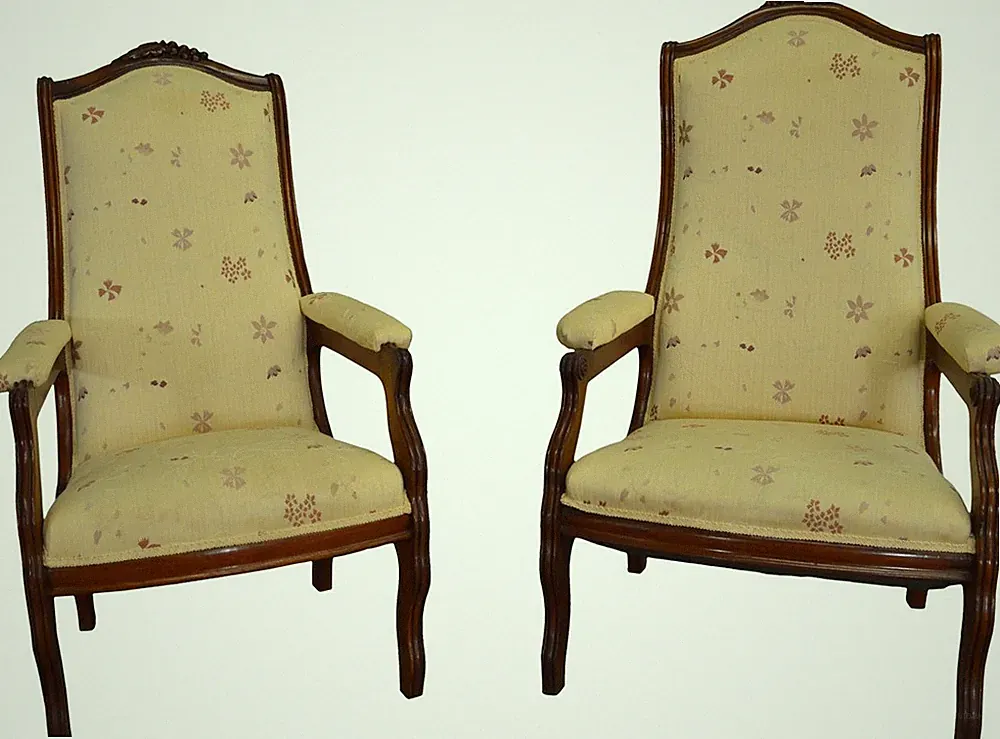 Great Victorian Upholstered Armchairs - Pair of Gent + Lady Chairs, 1880s #17384