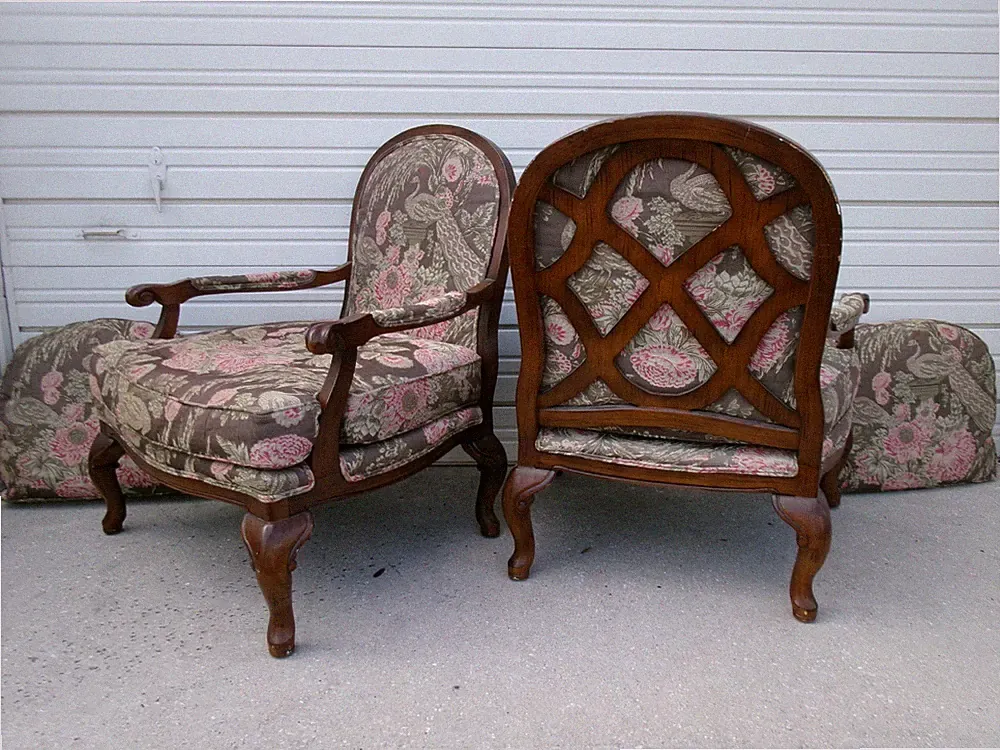 Pair Bergere Chairs Lounge Set 2 Regency Louis XV Lattice Peacock Birds LIbrary