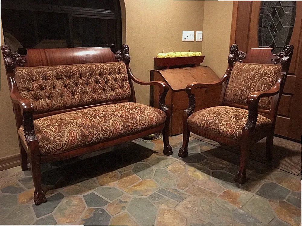 Rare Antique Victorian Mahogany Parlor Set of Loveseat and King’s Chair