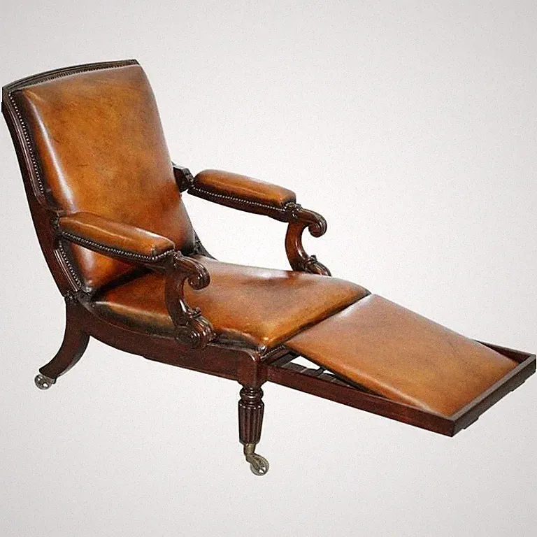 RESTORED WILLIAM IV RECLINING LIBRARY READING BROWN LEATHER ARMCHAIR FOOTSTOOL