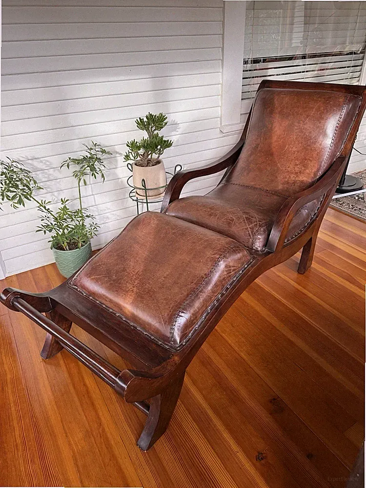 Victorian Chaise Lounge 1890s Brown Leather Upholstery Dark Wood Frame Chair