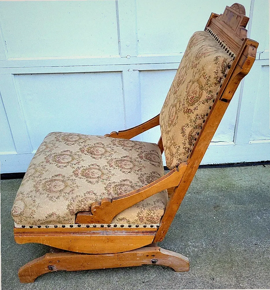 Victorian Eastlake Platform Rocking Chair Wood with Fabric Upholstery Antique