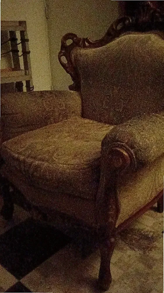 Victorian Upholstered Armchair Brown Gold Tapestry Wood Carved Ornate