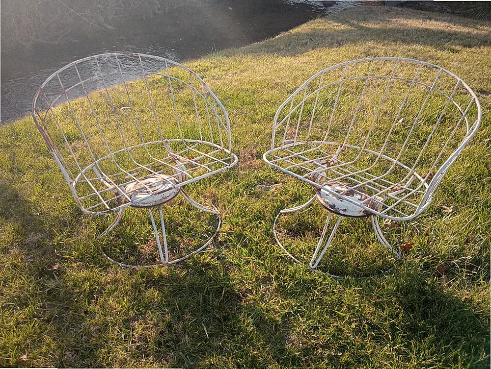 Vintage Meadowcraft Dogwood Coil Spring Wrought Iron Garden Patio Chair - a Pair