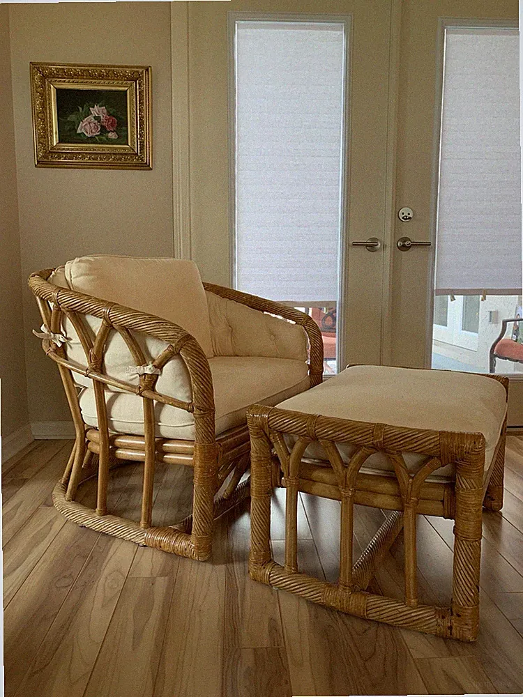 Vintage Rattan Bamboo Lounge Chair & Ottoman Zipper Cushions, Leather Wrap 1980s