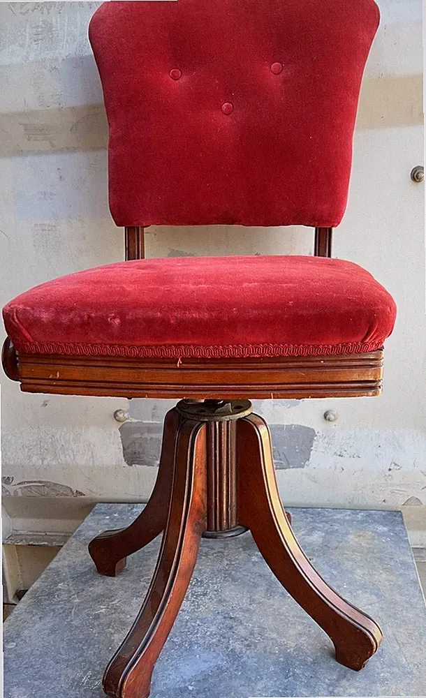 Vintage Victorian Black Walnut Red Velvet Swivel Tilt Chair
