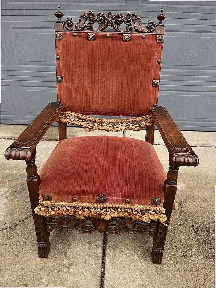 Vtg B&S Co. Victorian Revival Parlor Armchair - Carved Red Velvet Fringe Ornate